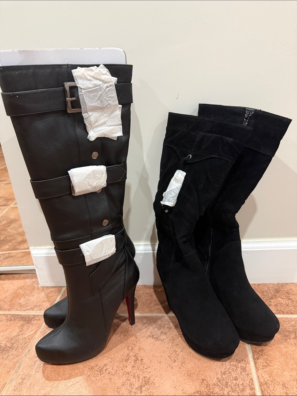 Brand New 2 Pairs of Women's Black Tall Heel Wedge Boots with Buckle Detail